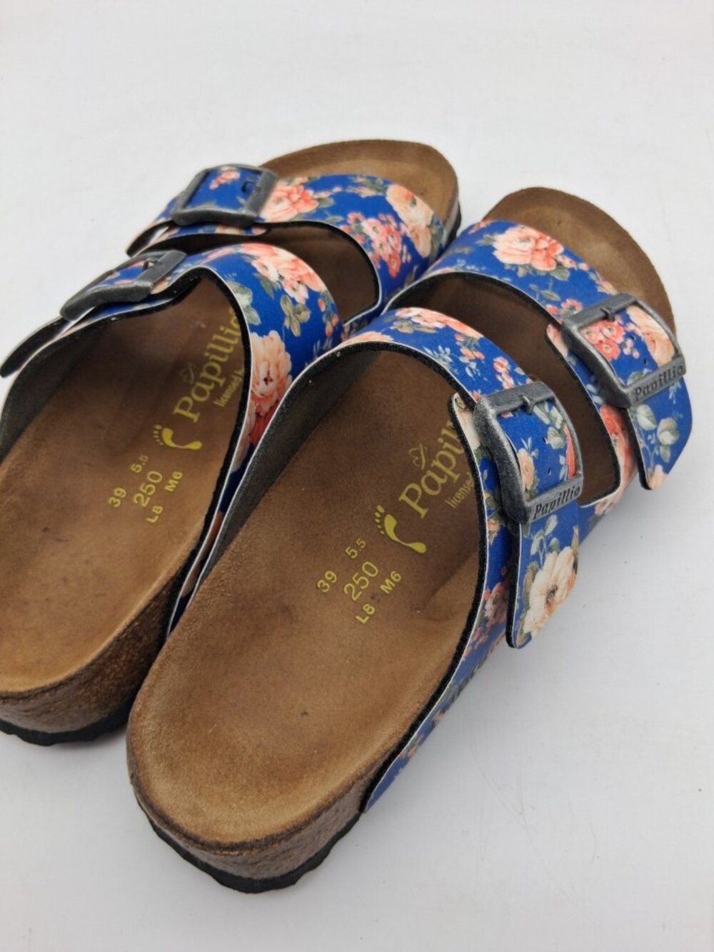 Birkenstock Papillio Arizona Blue Rose Floral Sandals EU 39 US L8 M6 Buckle Boho - Picture 7 of 11